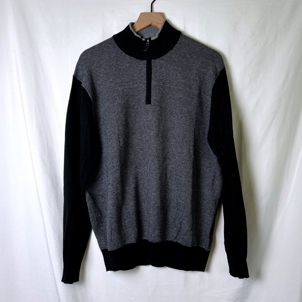 Joseph A Bank Mens Elbow Patch Cotton Cashmere 1/4 Zip Sweater Size L Black Gray
